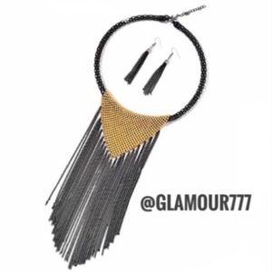 🛍Black and Goldtone Waterfall Necklace & Earrings